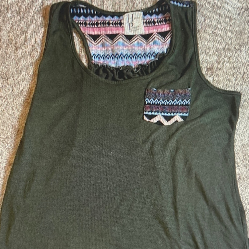 Olive Sleeveless Tank with Aztec Trim Pocket